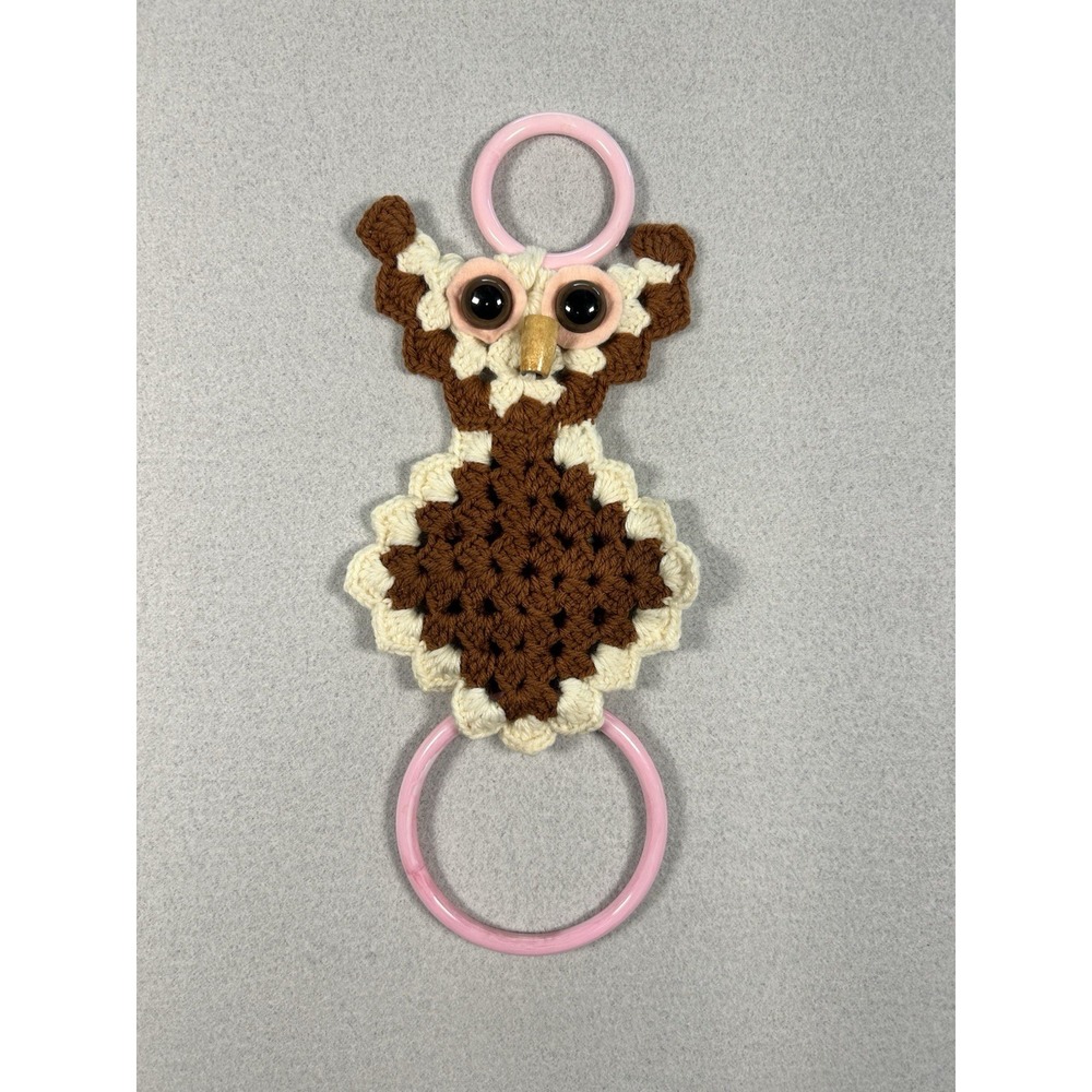 Vtg Crochet Owl Hand Towel Holder Ring with Real looking Eyes Brown Pink MCM 15"